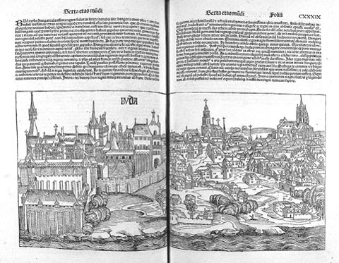 Le château de Buda, ill. du Liber Chronicarum, Nürenberg, Anton Koberger, 1493 (exemplaire de la Bibliothèque municipale de Valenciennes).